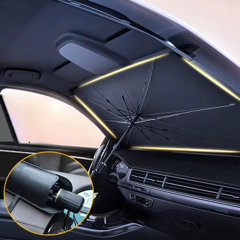 Pare-soleil de voiture en forme de parapluie pour pare-brise avant, pliable, type ombrelle, pour fenêtre de voiture, accessoires de protection solaire d’été.